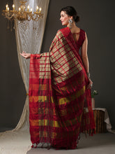 Women's Aura Silk Cream WovenDesign DesignerSaree With Blouse Piece